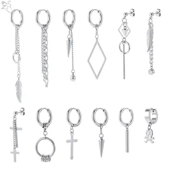 

ZS 12pcs/lot Punk Hip Pop Hoop Earring Stainless Steel Round Dangle Earrings Boys Rock Roll Ear Piercing Jewelry For Men Women