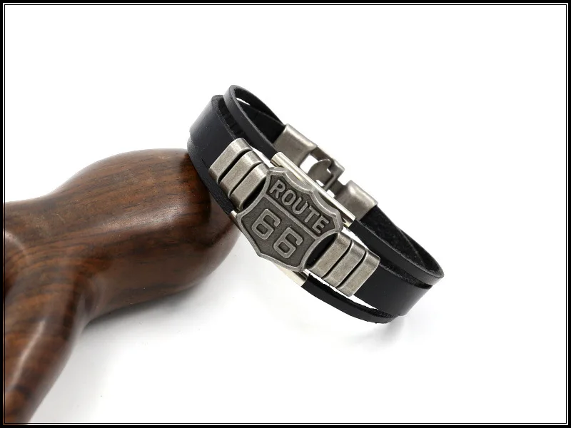 New Men’s Leather Bracelet with Hot ROUTE 66 60s Road Sign Motorcycle Biker Rider Black Bangles Males Jewelry