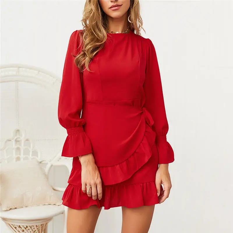 

Fairyshely 2019 New Elegant Autumn Winter Red O Neck Tied Ruffle Short Dress Women Casual Long Flare Sleeve Mini Dress vestidos