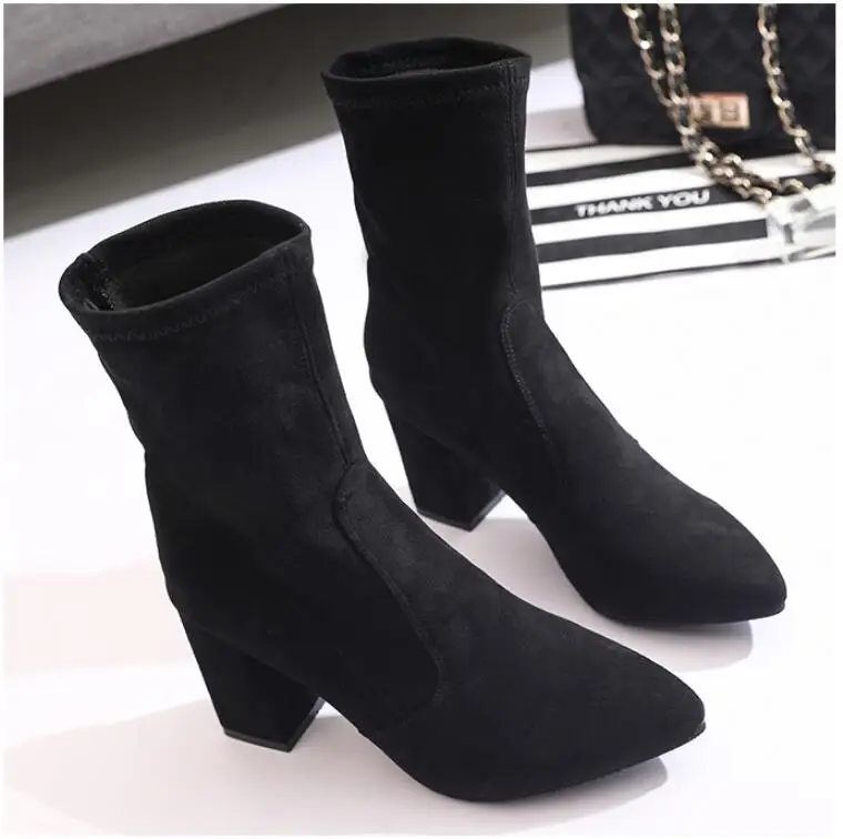 EOEODOIT/осенне-зимние женские ботинки; флоковые туфли-лодочки до середины икры на высоком квадратном каблуке с острым носком; 8 см