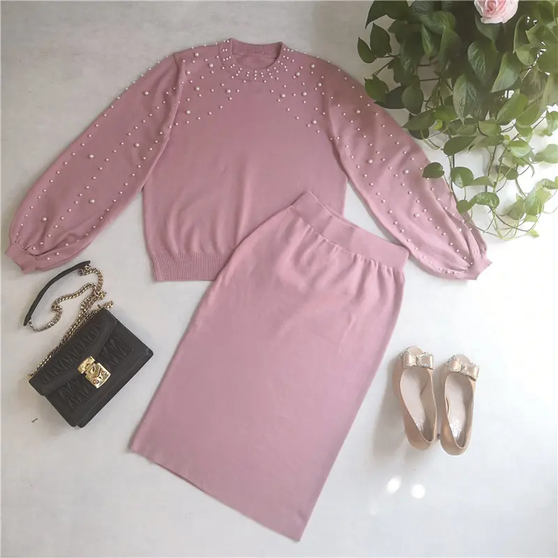 MAXDIROO женский свитер из двух частей, жемчужный пуловер, украшенный бисером, топ и юбка-карандаш, костюмы для женщин, Элегантное трикотажное платье - Цвет: pink