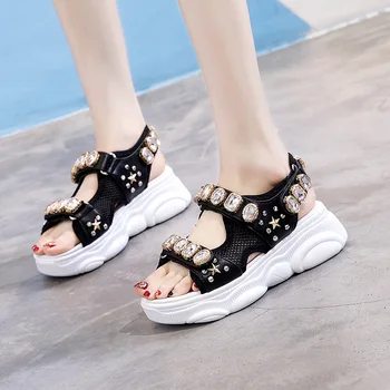 

2019 leather thick bottom rhinestone casual all-match fish mouth women's sandals