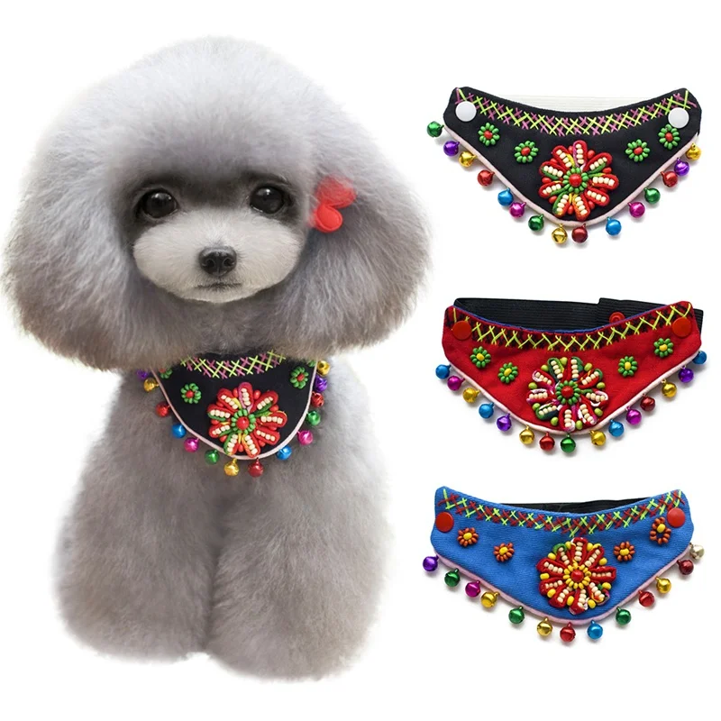 

Pet Bandanas National Wind Pet Triangle Neck Decoration Accessories Turban Dog Collar With Bell Colorful Flower Scarf Make Pets