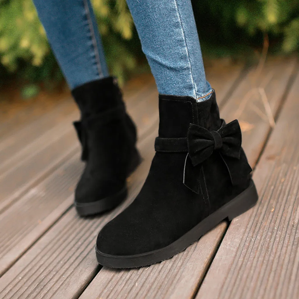

Fashion Warm Non-slip Boots Shoe For Ladies Pure Color Bowknot Round Toe Zipper Boots Flat Heels Women Ankel Boots botas mujer