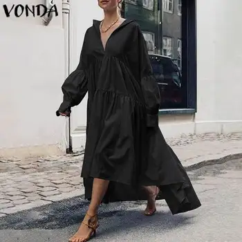 

VONDA Oversized Maxi Dress 2020 Woman Casual V Neck Long Sleeve Party Dresses Bohemian Beach Vestidos Loose Solid Color Robe 5XL