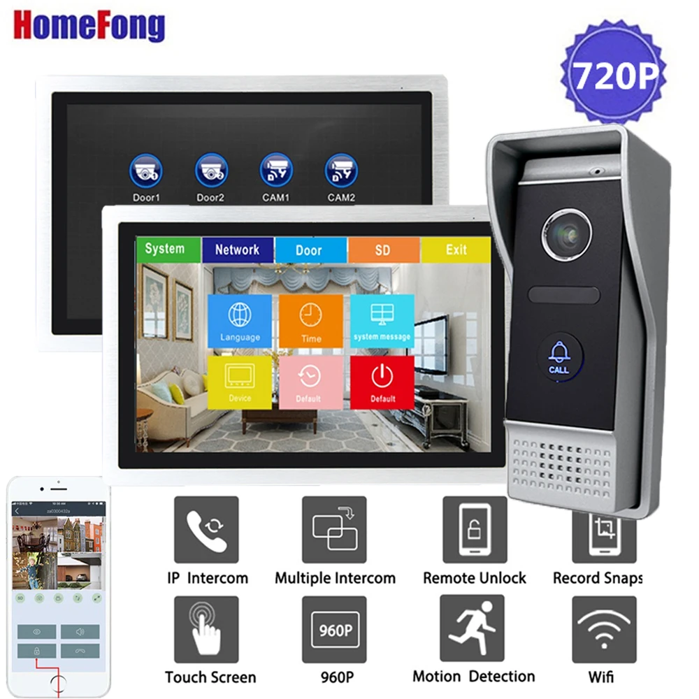 Without SD Card Homefong 10 дюймов Wi-Fi видео телефон двери дверной звонок Домофон 720P сенсорный экран Домашний домофон система разблокировки запись обнаружения движения - Цвет: Without SD Card