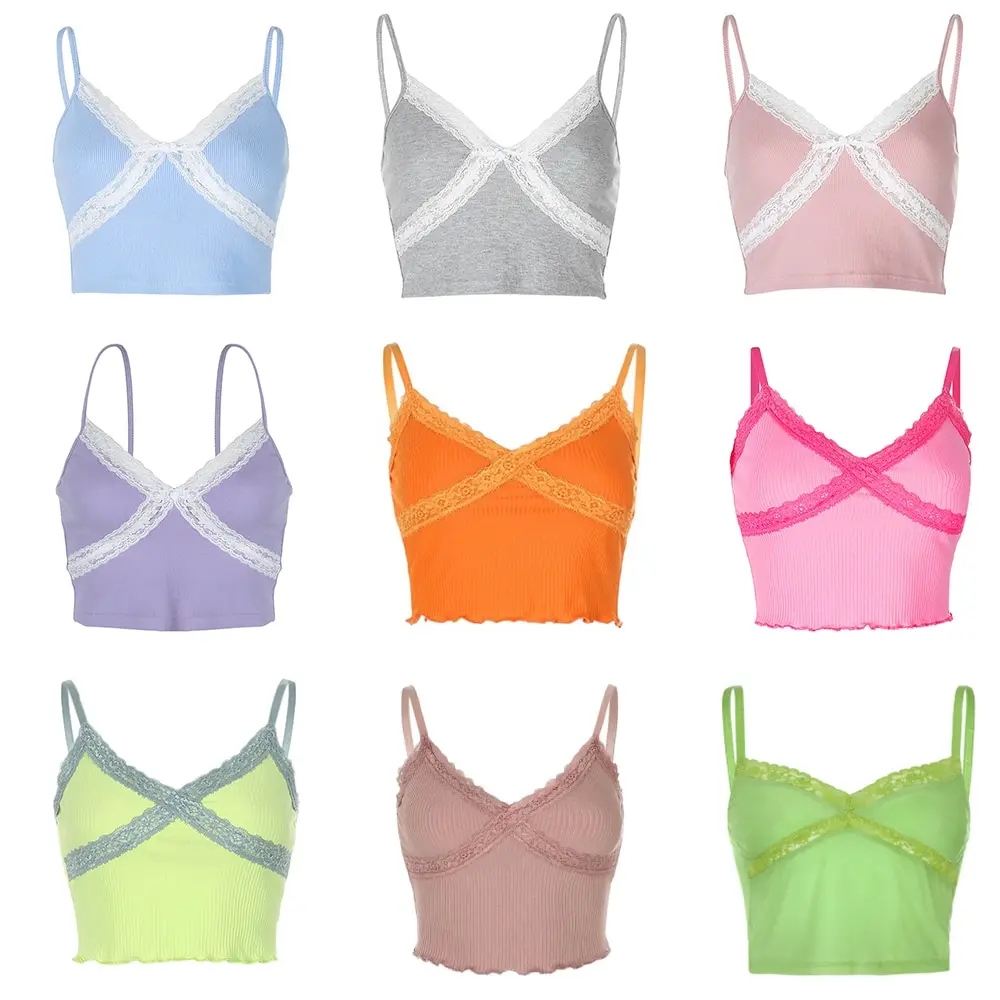 Soft Y2k Crop Tops E-Girl Spaghetti Strap Deep V With Lace Camis Tube Chic Summer Ribbed Vest Backless 90s Blue Streetwear | Женская