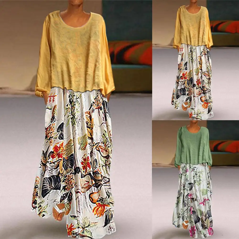 

Linen Dresses Boho Vestidos Long Sleeve Floral Print Plus size 5XL Female
