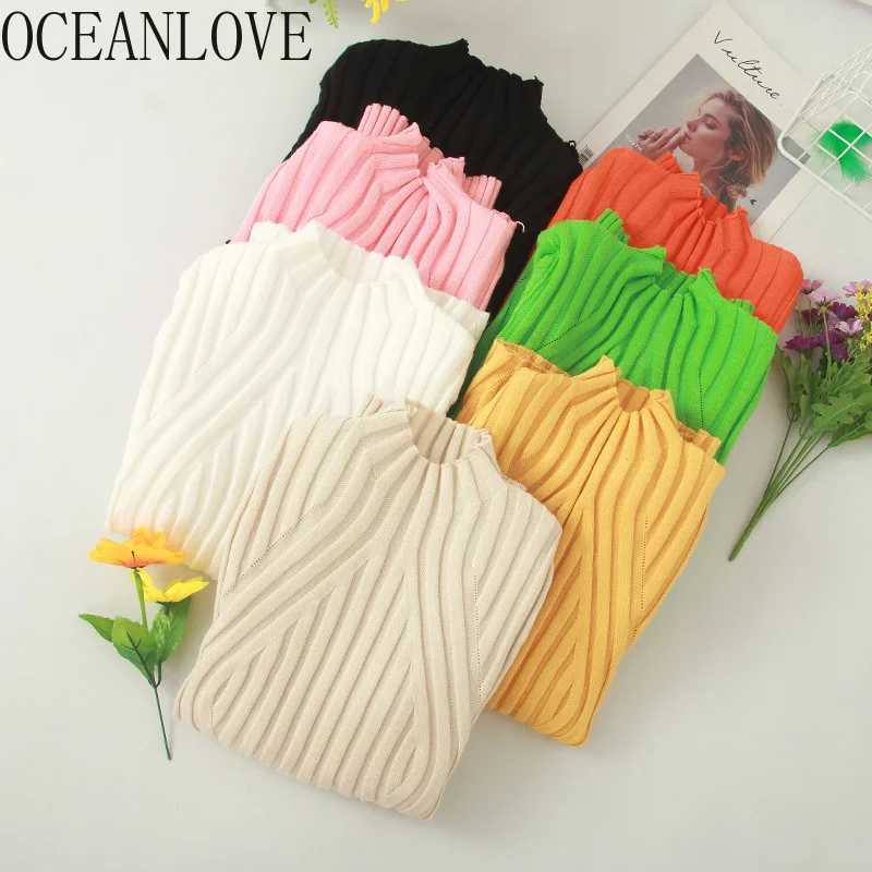 

OCEANLOVE Solid Turtleneck 2019 Autumn Women Sweaters Long Sleeve All Match Sueter Mujer Slim Korean Casual Pullovers 12757