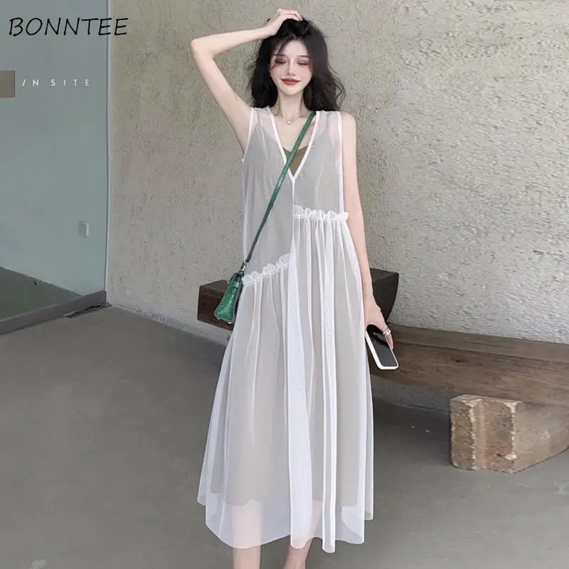 

Женский комплект с платьем без рукавов, повседневный простой комплект из газовой ткани зеленого цвета в Корейском стиле, Модная элегантная свободная уличная одежда, лето