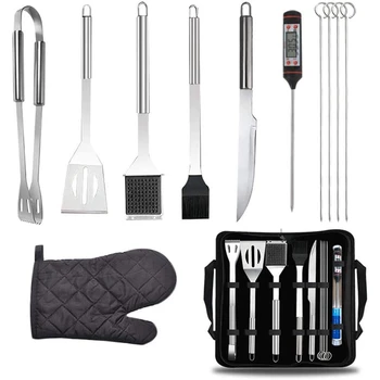 

BBQ Grill Tools Set Grilling Accessories,Grill Kit with Thermometer and Barbecue Gloves for Camping Kitchen Cooking BBQ