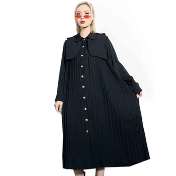 

QING MO Black Khaki Women Pleated Dress 2020 Fashion Women Spring Plus Size Dress Female Casual Loose Dress ZQY2992