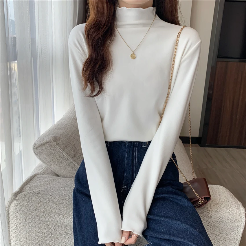 T 셔츠 여성 하라주쿠 Tshirt 자르기 탑 한국 패션 T-셔츠 긴 소매 탑 티 셔츠 Femme 가을 겨울 터틀넥 셔츠