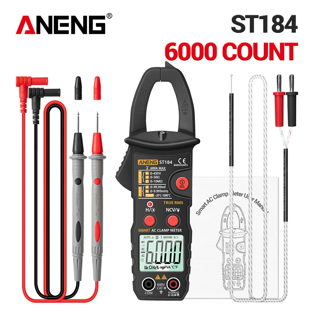 

ANENG ST184 6000 Counts Digital Professional Multimeter Clamp Meter True RMS AC/DC Voltage Tester AC Current Hz Capacitance Ohm
