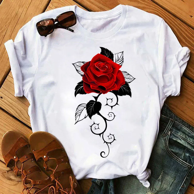 Neue Mode Frauen Schwarz T Hemd Rote Rose Musical Hinweis Gedruckt T Hemd Harajuku Nette Graphic Tee Shirt Weibliche Damen casual Tops – Detail 9