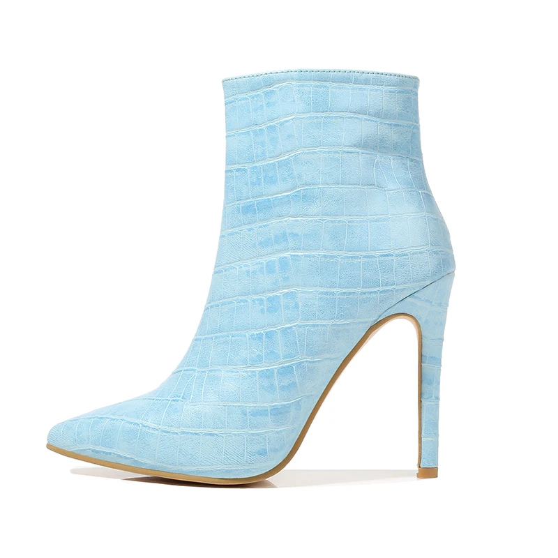 

2020 Spring Women Boots Fetish Pink Zip Sky Blue Snakeskin Boots 11cm High Heels Short Ankle Plush Boots Stripper Jeans Shoes