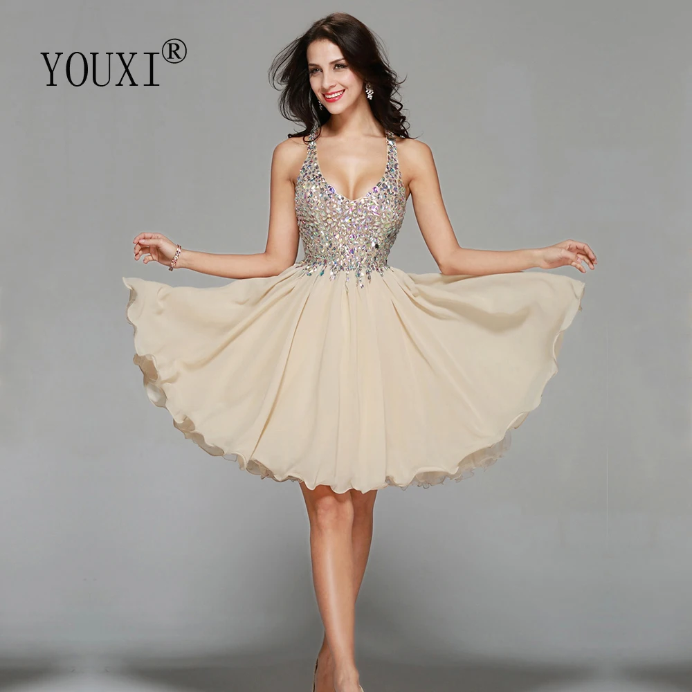 Sexy Champagne Chiffon Lace Crystal Cocktail Dresses Short Prom Dresses for Homecoming Graduation