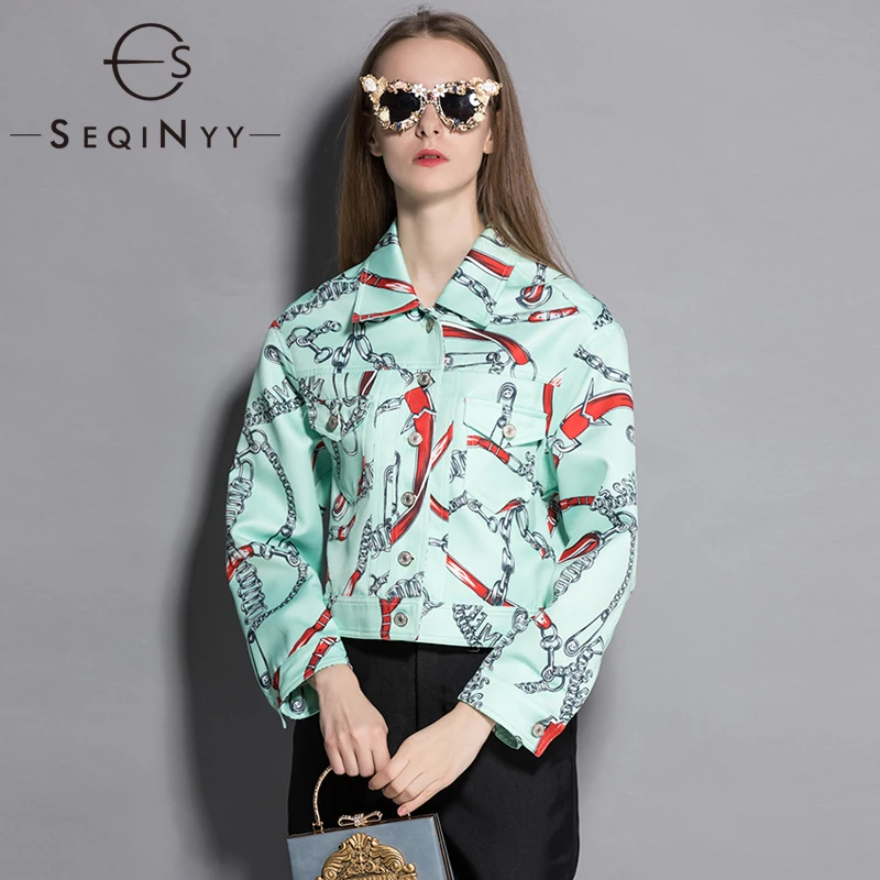 

SEQINYY Green Short Jacket Denim 2020 Spring Autumn New Fashion Design Women Runway Puff Sleve Chain Print High Quality