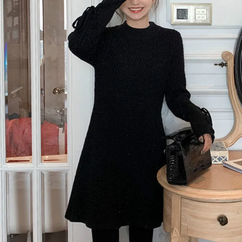 Winter Knit One Piece Dress Long Sleeve Mini O Neck Lace Up Office Sweater Dress Ebay