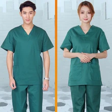 Best Offers Women Men Medical Clothing Unisex Scrubs Set V-neck Short Sleeve Top + Pants with Elastic Waistline Pure Cotton Workwear