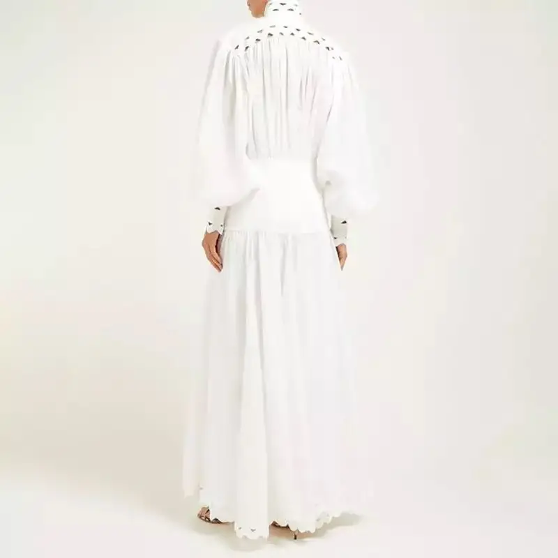 Amily.c Summer hollow women's dress stand collar lantern sleeves high waist Slim long dress female fashion new white