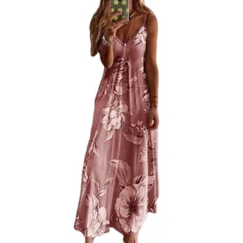 

S-3XL Big Plus Size Dress Women Halter V Neck Bohemia Maxi Dress For Women Floral Sleeveless Long Beachwear Ladies Sundress