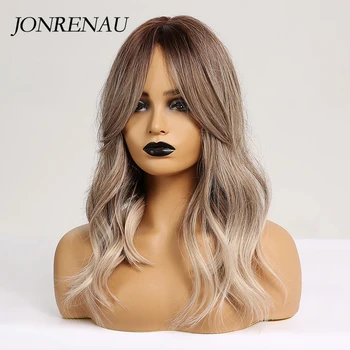 JONRENAU 16 Inches Synthetic Platinum Blonde Hair Long Natural Wave Ombre Brown Mixed Color Party Wigs for White/Black Women 4