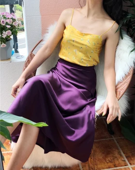 

Chic Shiny Silk Satin A-line Skirt Office Lady High Waist Elegant Skirt Femme Vintage Glossy Solid Purple Party Long Skirts