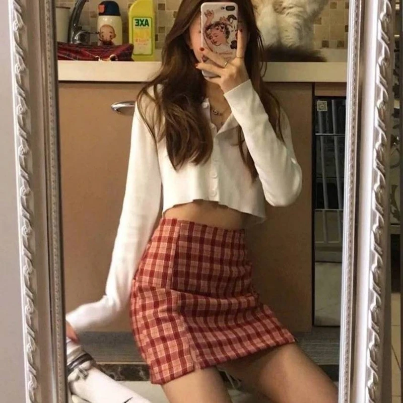 Women Fashion Cotton Plaid Harajuku Bodycon Skirt Summer Europe Style Split Chic High Waist Wild Bottom Security mini skirt