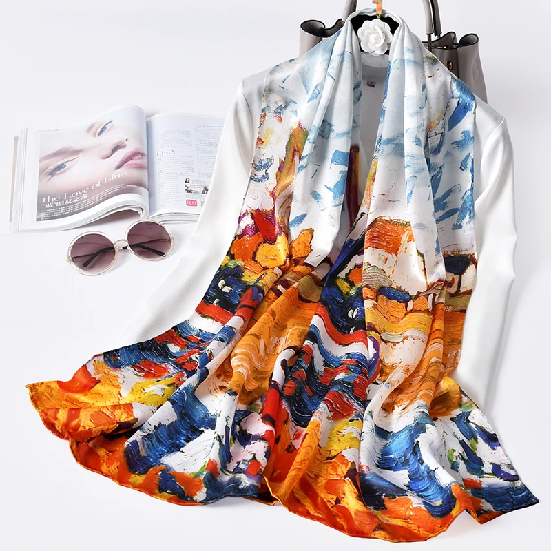 Женский длинный шарф 100% натуральный шелк с принтом 170x53см|pure silk scarf|silk scarfscarf for women |