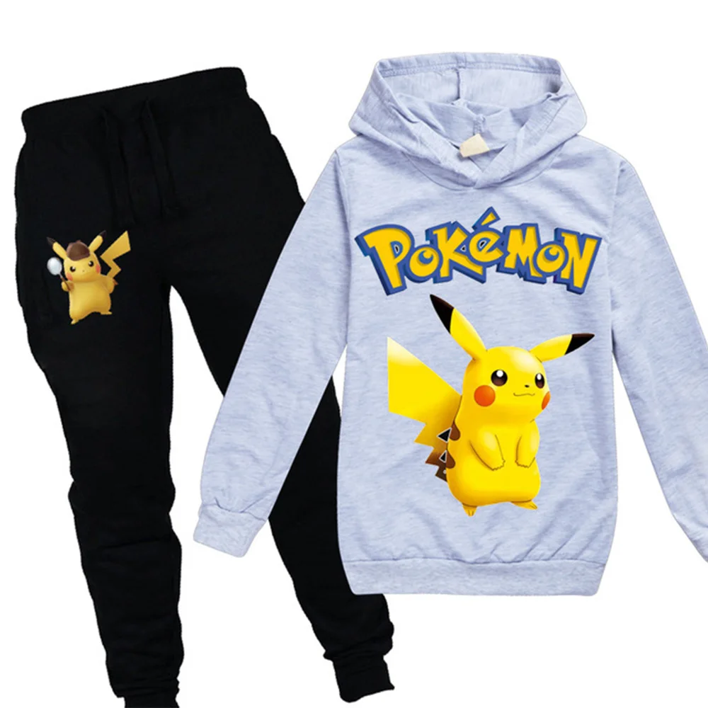 991gray POKEMON GO Detective Pikachu/детская одежда для мальчиков и девочек осенний Свитшот комплект из 2 предметов, хлопковые спортивные толстовки с длинными рукавами и рисунком, Комплект футболок - Цвет: 991gray