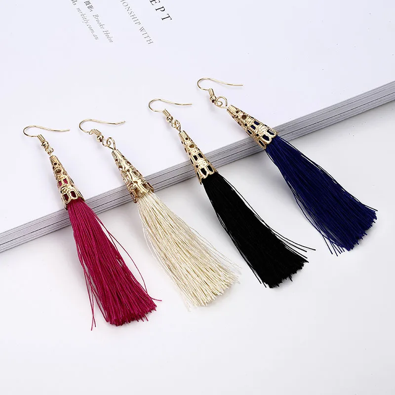 

SexeMara Fashion Long Tassel Earrings Women Jewelry Bohemian Bride Earrings Geometric Hollow Drop Earring
