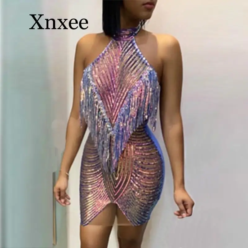 

2020 Sequined Halter Sexy Women Dress Lace Tassel Mini Dresses Summer Backless Night Club Party Bodycon Dress Girl Vestido