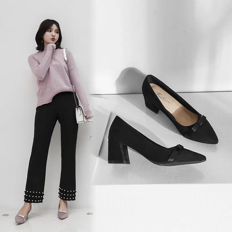 

Pointed Shoes Women's 2019 Spring New Style Bow Black And White with Pattern High Heel Shoes Chunky-Heel Women's Casual Small Le