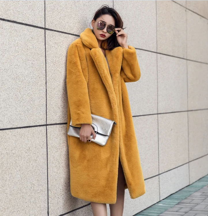 Зимнее женское высококачественное пальто из искусственного кроличьего меха, свободная верхняя одежда с отворотом, роскошное длинное меховое пальто, женские толстые теплые плюшевые пальто