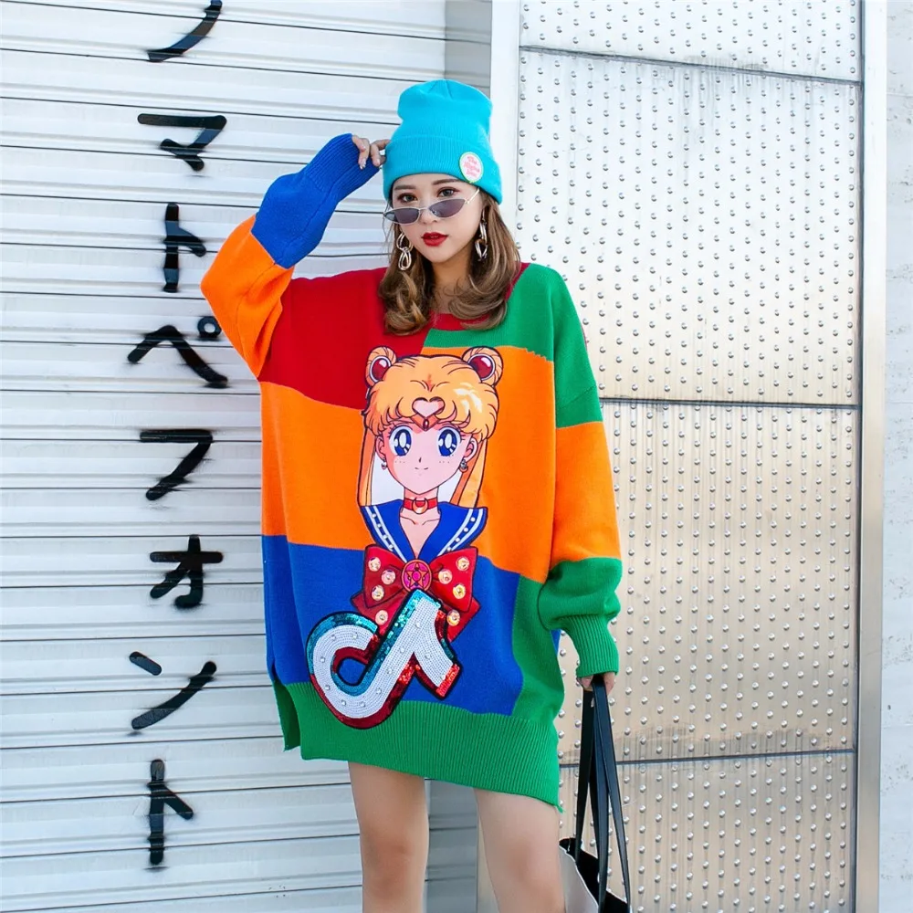 SexeMara/модные новые свободные Блесток Патч Мультфильм Печать контрастного цвета вязаный свитер