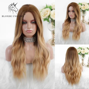 

Blonde Unicorn Synthetic Light Brown Ombre Blonde Wig for Black White Women Center Part Water Wave Heat Resistant Fiber Hair