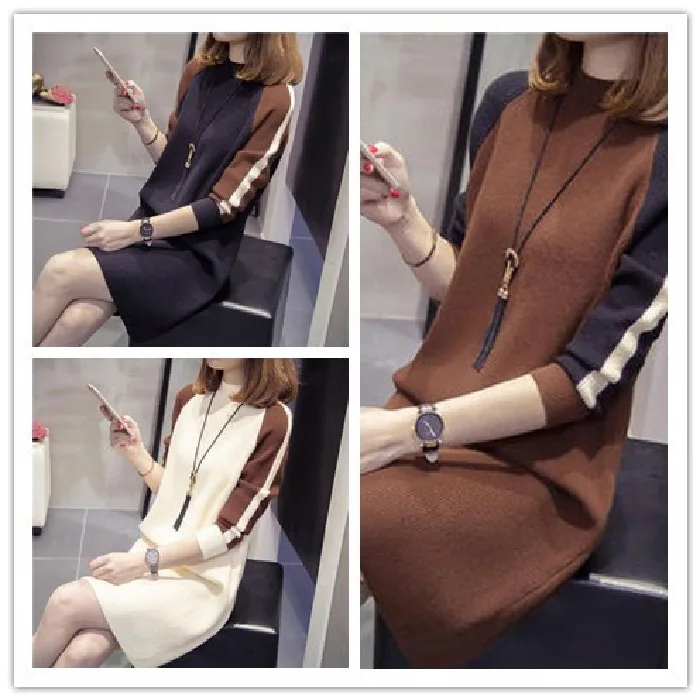 

Spring And Autumn Color Dress Mid-length Long Sleeve Crew Neck Sheath Straight-Cut Skirt Hot Selling Fashion