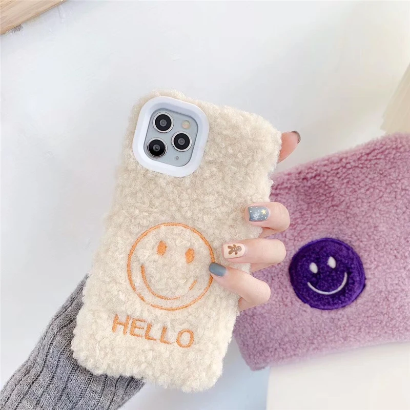 Милый мультяшный чехол для телефона со смайликом для iPhone 11 Pro Max XR XS Max 6 6S 7 8 Plus X модный плюшевый зимний мягкий чехол-накладка Новинка