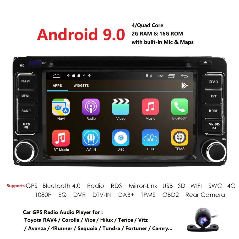 Hizpo Android9.0 4 ядра 2DIN автомобильный DVD gps для Toyota Terios Старый Corolla Camry Prado RAV4 fortuner радио 4G wifi емкостный 800*480