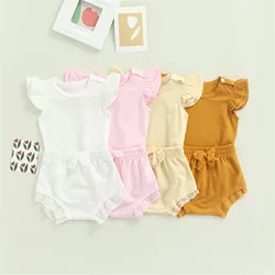 Vêtements pour petites filles, ensemble décontracté en dentelle, couleur unie, manches volantées, col ras du cou, avec nœud papillon, short Patchwork pour tout petits 