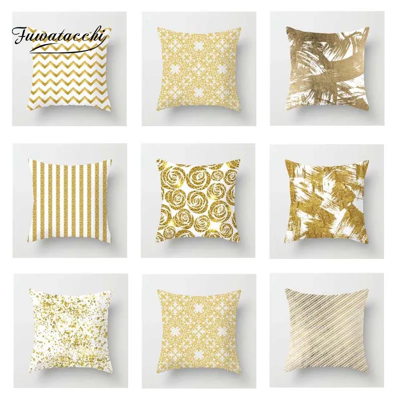 

Fuwatacchi Gold Style Cushion Cover Geometric Leaves Wave Diamond Printed Pillow Cover Decorative Pillows for Sofa Car 2019