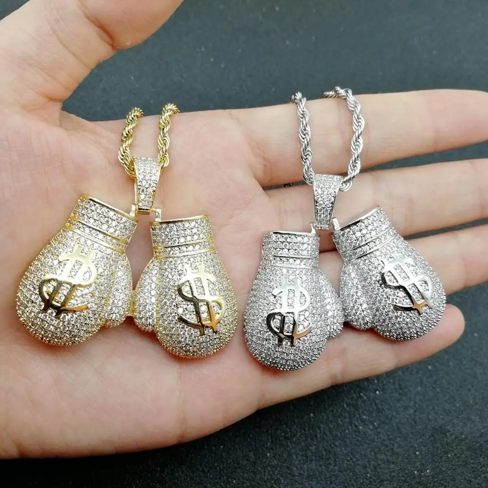 

Hip Hop AAA CZ Stone Paved Bling Iced Out Dollar Boxing Gloves Pendants Necklace for Men Rapper Jewelry Gold Silver