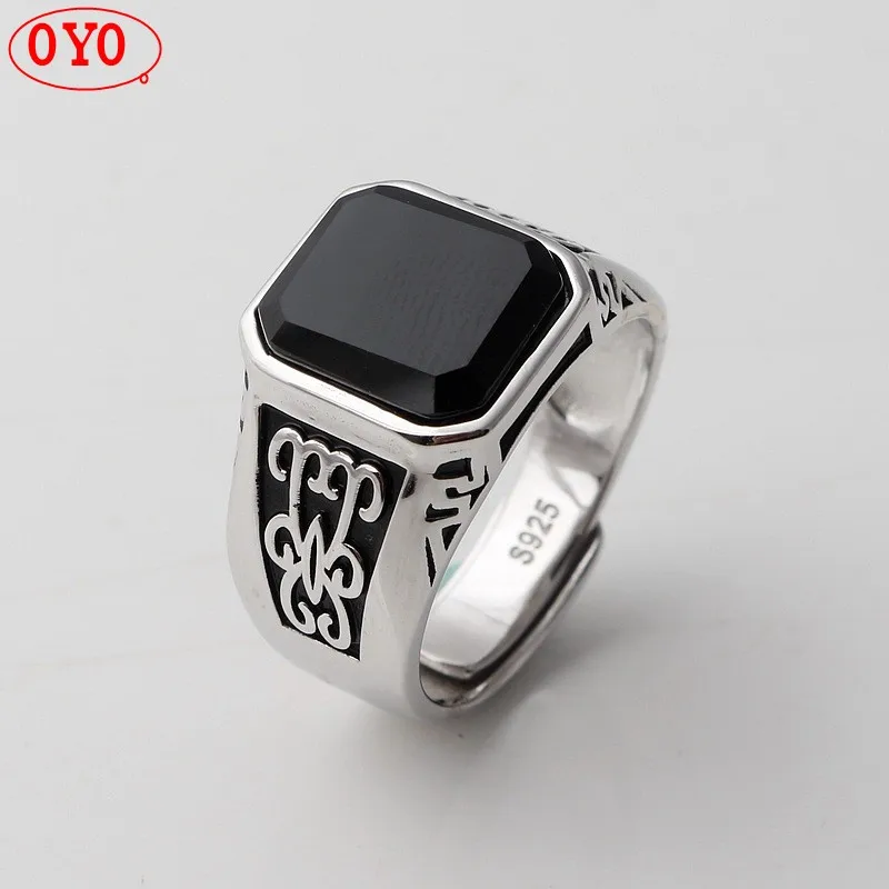 

New s925 sterling silver black agate live ring men's personality exaggerated open ring