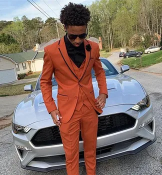 

Handsome Orange Slim Fit Mens Suits Notched Lapel Wedding Tuxedos For Men Cheap 3 Piece Prom Blazers (Jacket+Pants+Vest)
