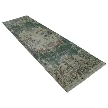 

91x302 Cm Green Handmade Overdyed Runner Rug-3x10 Ft