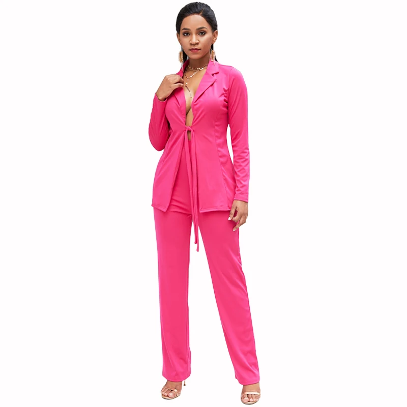 04 Pink Костюм женский Осень с длинным рукавом сексуальные женские Костюмы Блейзер с брюками плюс размер кружевные офисные костюмы для женщин Элегантный женский костюм Женский костюм костюм женский осень офис брючный кост - Цвет: 04 Pink
