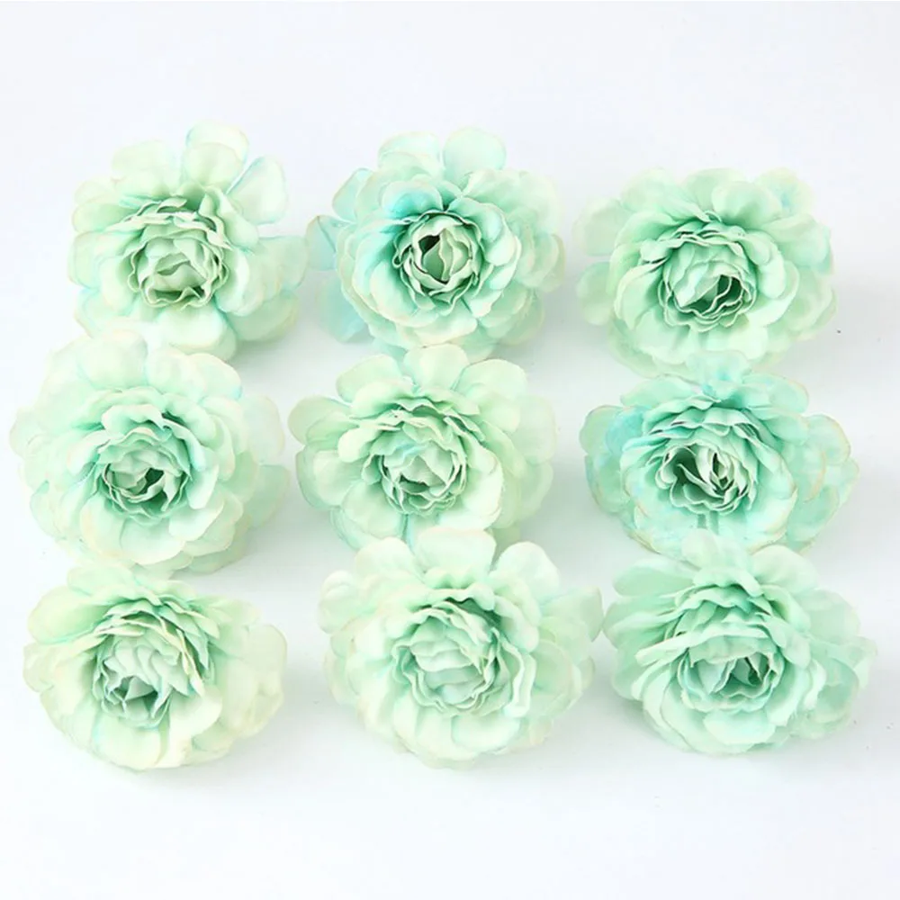 10PCS 5CM Artificial Flower Silk Spring Rose Head For Wedding Party Home Decoration DIY Wreath Gift Box Scrapbook Craft - Цвет: Green