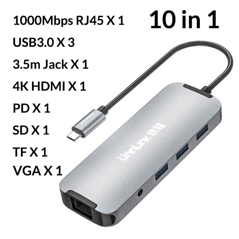 10 in 1 Unnlink usb-хаб USB C к HDMI USB3.0 SD TF кард-ридер Thunderbolt 3 док-адаптер для MacBook pro S8 S9 S10 Dex P20 P30 mate 20 - Цвет: 10 in 1