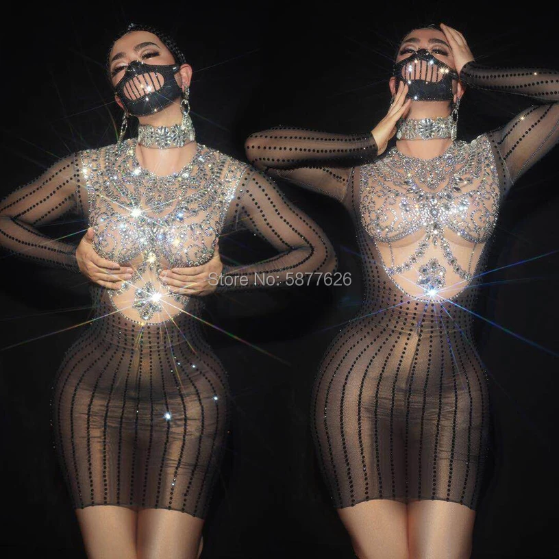 

Crystals shinning evening dress sexy women birthday celebraty dresses nightclub bar singer dance costume